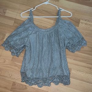 Light Blue Grey Off the Shoulder Lace Top - from Paris